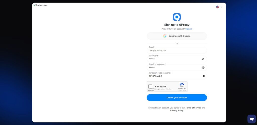 Форма регистрации для новых пользователей 9proxy.com