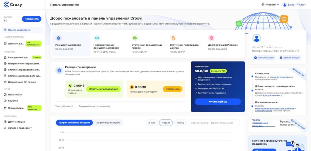 Главный раздел личного кабинета Croxy.com