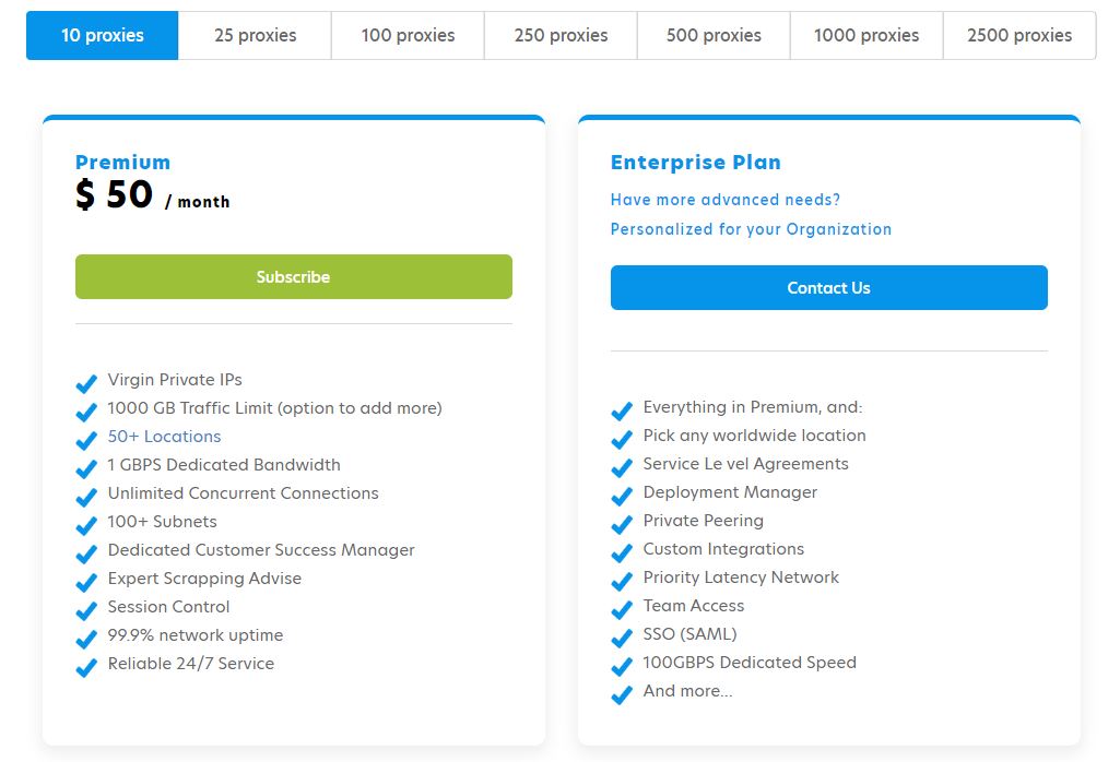 Тарифы выделенных серверных прокси в limeproxies.com