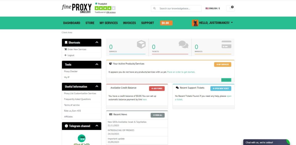 В дашборде личного кабинета fineproxy.org можно пополнить счет или отследить статистику