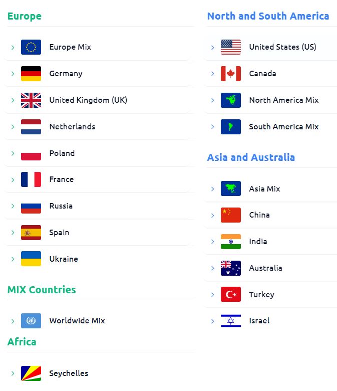 Список стран IP FineProxy