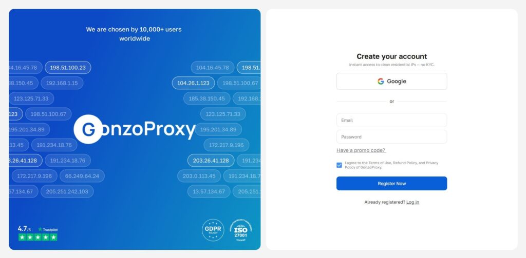 Форма регистрации новых пользователей gonzoproxy.com
